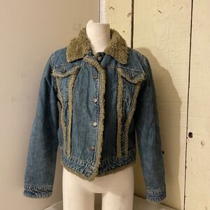 Coffee Shop Denim Womens Size Large Jean Jacket Faux Fur Trimmed‎ Blue